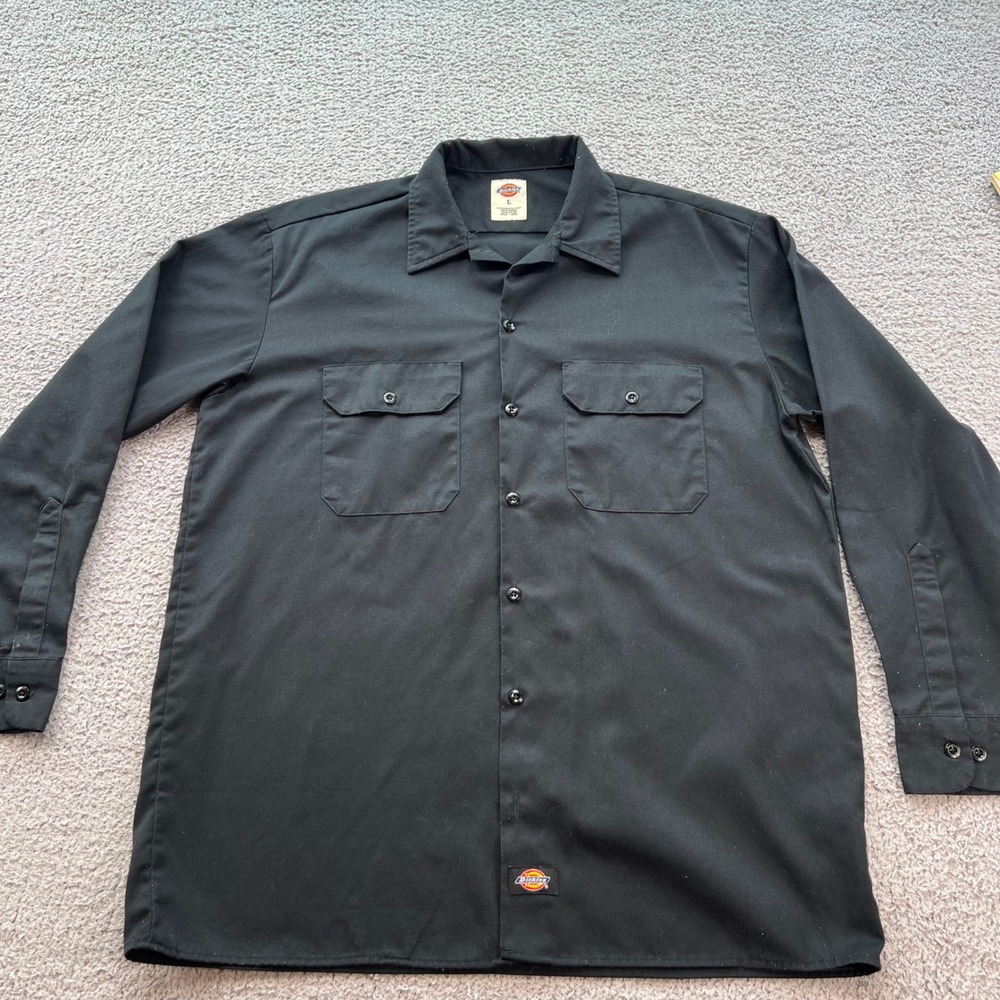 Dickies Mens Long Sleeve Work Shirt Black Size L Button Down Utility Streetwear